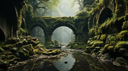 Captivating UK Countryside: Exploring Ancient Architecture and Serene Landscapes by Bridge and River, generative AI
