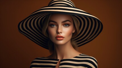 Portrait of an attractive woman in a striped wide-brimmed hat. Fashion, style and beauty.
