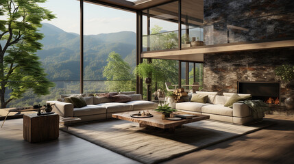A contemporary living room with floor-to-ceiling windows offering a stunning view of nature