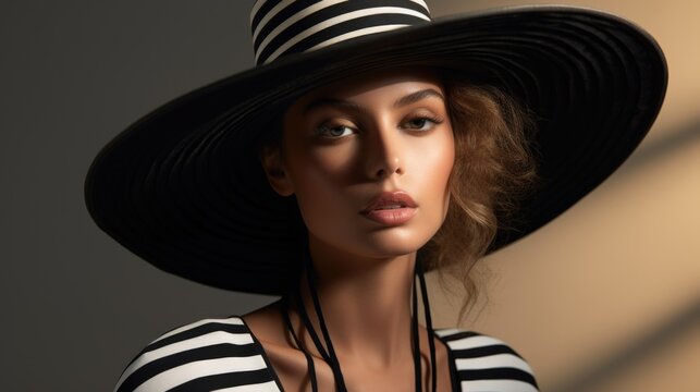 Portrait of an attractive woman in a striped wide-brimmed hat. Fashion, style and beauty.