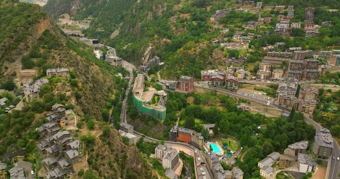 Aerial view of Andorra la Vella, the capital of Andorra, in the Pyrenees mountains between France and Spain. One of the most developed countries in Europe. Wonderful country for holidays and business