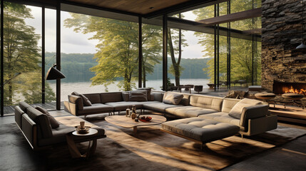 Fototapeta premium A contemporary living room with floor-to-ceiling windows offering a stunning view of nature