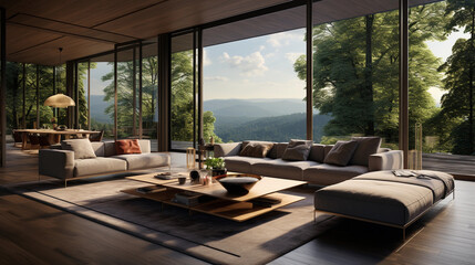 Fototapeta premium A contemporary living room with floor-to-ceiling windows offering a stunning view of nature