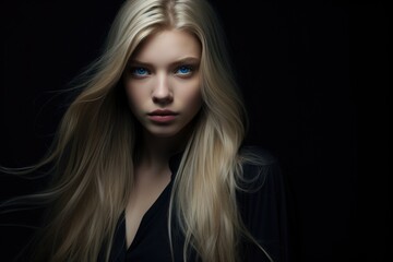 Fototapeta premium A young blonde with long dark hair flowing in the wind. Women's beauty, hair care.