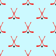 Ice hockey stick and puck seamless pattern. Hockey vector template background in a red colors. Winter sports repeated texture for sporting designs, prints. Simple style