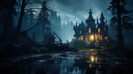 Fototapeta na wymiar creepy haunted mansion in a swamp at night