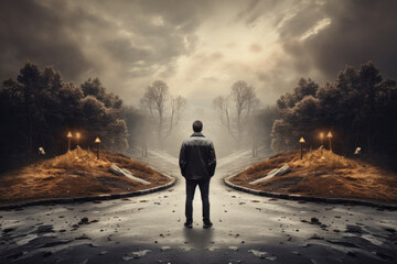 Choices Ahead: An individual contemplates multiple paths, each leading to a different destination, embodying the complexity of decision-making in life's journey - obrazy, fototapety, plakaty
