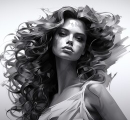 A painting-style image of a young beautiful woman. Interior design, fashion and beauty.