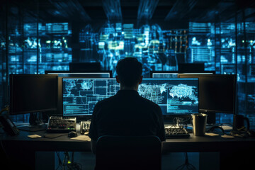 Naklejka premium Digital Intrusion: A snapshot capturing a hacker's intense focus as they manipulate code, striving to breach servers and assert control over the digital realm