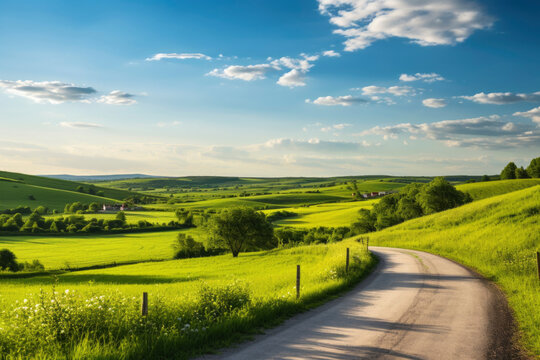 Sunny Countryside Route: A meandering pathway cuts through verdant landscapes, bathed in sunlight, with the azure sky and fluffy clouds overhead