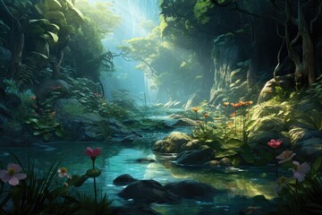 A beautiful landscape with jungle, river, grass and flowers