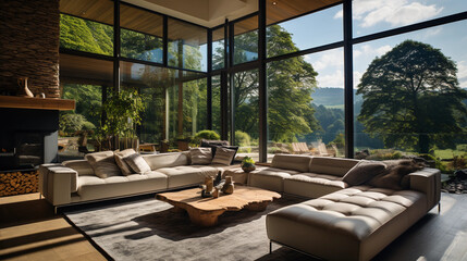 Fototapeta premium A contemporary living room with floor-to-ceiling windows offering a stunning view of nature