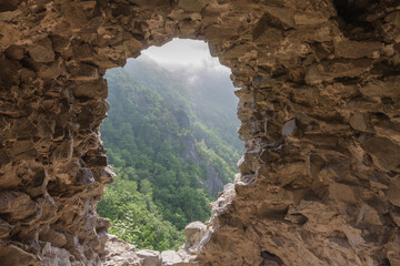 View from ruins of medieval castle Starhrad to valley, Slovakia, Mala Fatra, spring day