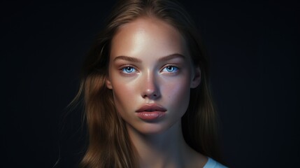 Fototapeta premium Beauty portrait of a beautiful young woman on a dark background. Feminine beauty. Radiant skin.