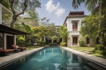 Obraz na płótnie Canvas Exquisite residence showcasing lavishness amid a lush garden and swimming pool. Generative AI