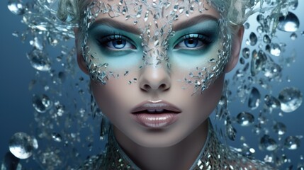 The woman's face is covered with diamonds and rhinestones, stylized makeup. Women's beauty and jewelry.