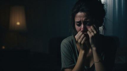 Scared young female, abused and crying, victim of domestic violence - obrazy, fototapety, plakaty