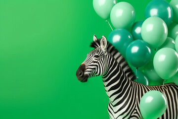 Zebra on a green background surrounded by multicolor balloons and confetti.