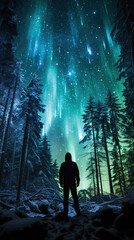 Man watching Aurora borealis in forest winter