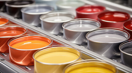 Production of interior paint for painting walls. The process of mixing colors, palette of shades, iron cans with paints of different colors.  - obrazy, fototapety, plakaty