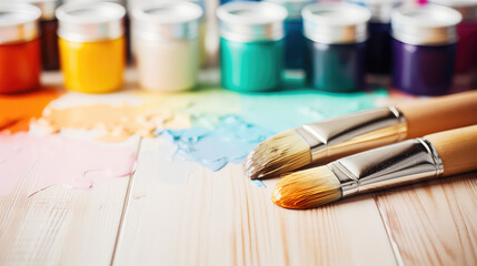 Сan of gouache paint and an art brush. Creative composition of the artist workplace. Drawing with paints, hobby. 