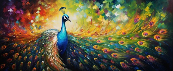 painting style illustration of peacock in flower garden, Generative Ai - obrazy, fototapety, plakaty