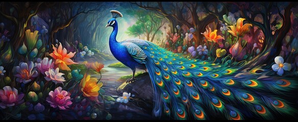 painting style illustration of peacock in flower garden, Generative Ai - obrazy, fototapety, plakaty