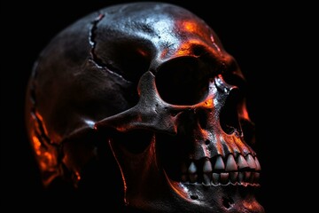 Close-up image of head and glowing skull on black background. Generative AI