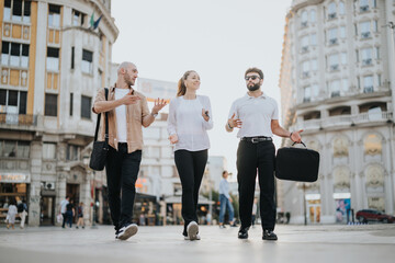 Young executives discussing project details and reviewing paperwork outdoors in the city. Analyzing statistics, strategizing for profitability, showcasing successful teamwork.