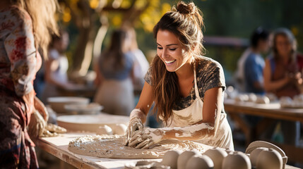 Pottery class, workshop or women teaching sculpture design, clay manufacturing or art product