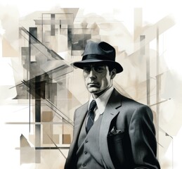 Fototapeta premium Abstract image of a man in a hat. An image stylized as a painting. Sketching, architecture and construction.