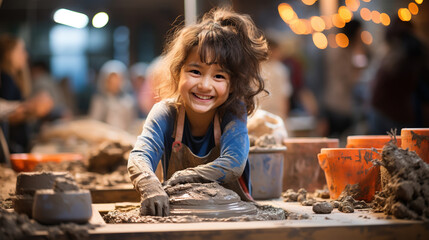 Small girl sitting on bench with pottery wheel and making clay pot in the sculpture studio - obrazy, fototapety, plakaty