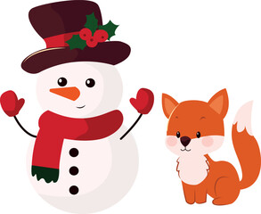 snowman with fox. Cartoon chapter. snowman. Fox. Christmas set 