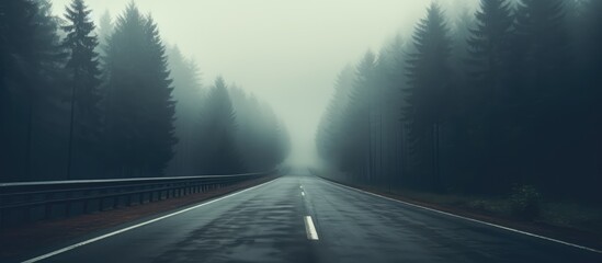 Foggy forest with no road - obrazy, fototapety, plakaty