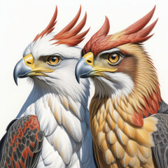 Obraz premium eagles with red and yellow feathers illustrations isolated white background , colored pencil drawing style