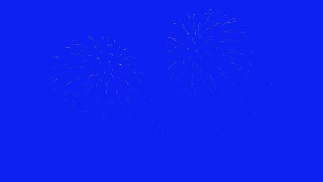 Abstract Real Firework on blue screen chroma key background, 4th of July independence day and new year eve 2024 concept. High quality 4k chromakey slow motion cinematic video