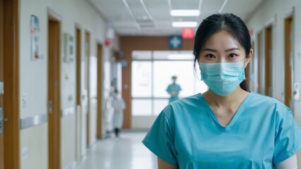 A nurse standing inside a hospital hallway