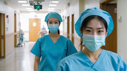A nurse standing inside a hospital hallway