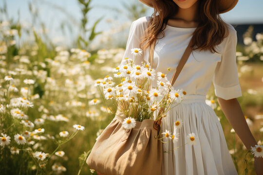 Young woman wearing white dress holding cotton bag with flowers on chamomile field. Cottagecore aesthetic.