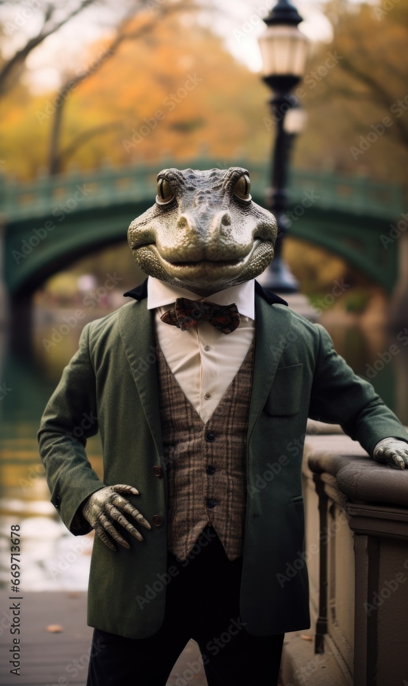 Poster an alligator in a frog suit and tie standing on a bridge. generative ai.