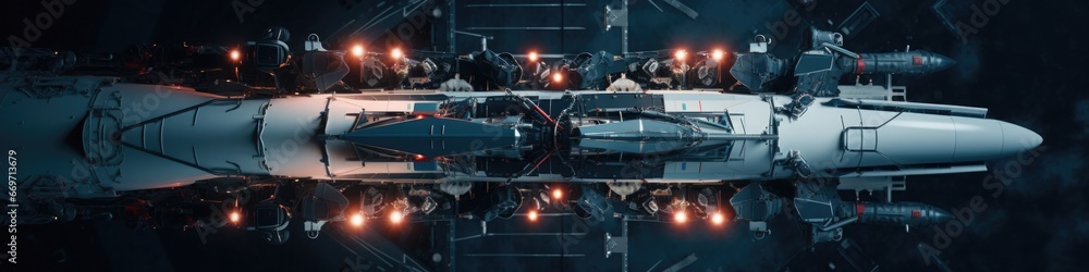 Poster a large boat with lights on the side of it. generative ai.