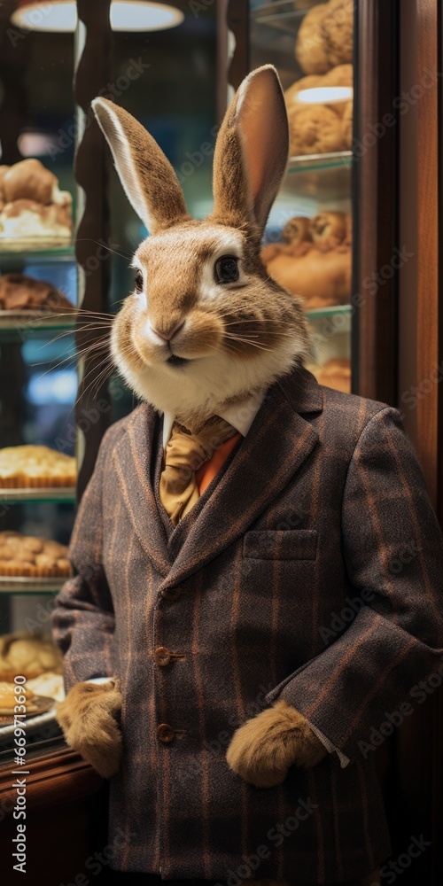 Aufkleber a rabbit in a suit standing in front of a display case. generative ai.