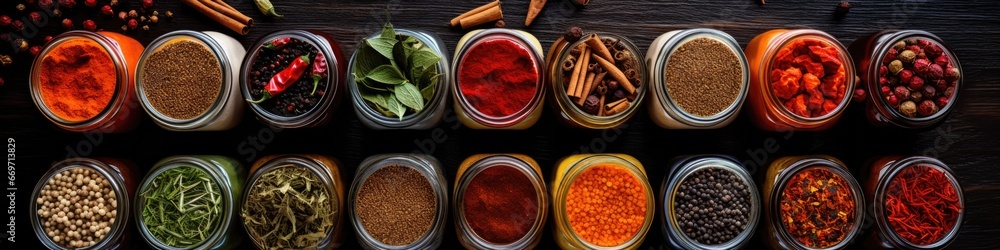 Poster a row of bowls filled with different types of spices. generative ai.