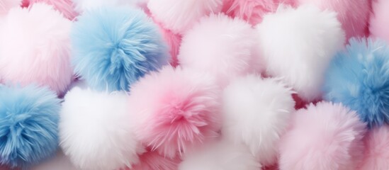 Soft pompons in white pink and blue serve as the backdrop