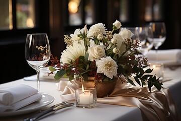 Elegant table setting with beautyful flowers, candles and wine glasses in restaurant.