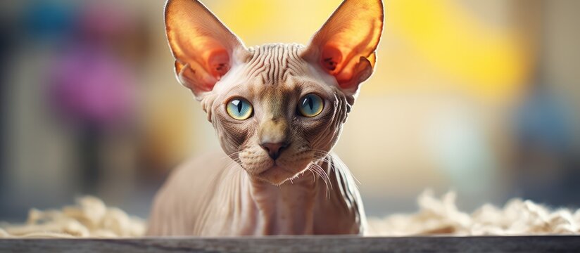 Beautiful bald sphinx cat with green and yellow eyes at home