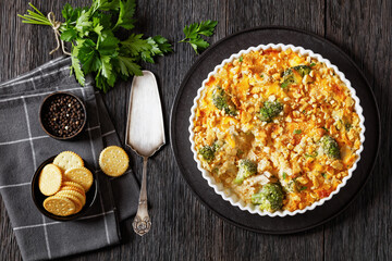 chicken rice broccoli casserole in baking dish