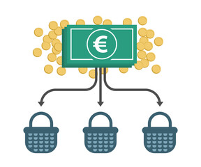 Allocation business icon. Diversification money concept. Financial investment illustration. Euro banknotes and coins with arrows and baskets. Color flat design.