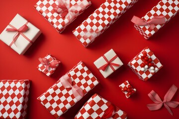 Christmas presents grid with red and white festive background. Generative AI