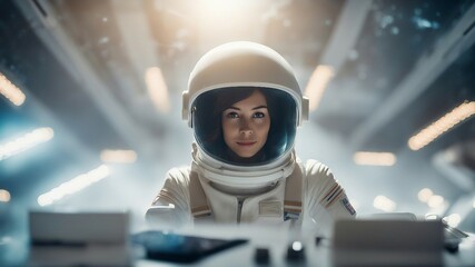 Fototapeta na wymiar A smart girl astronaut with a white suit and a helmet. The girl is flying in a bright space ship
